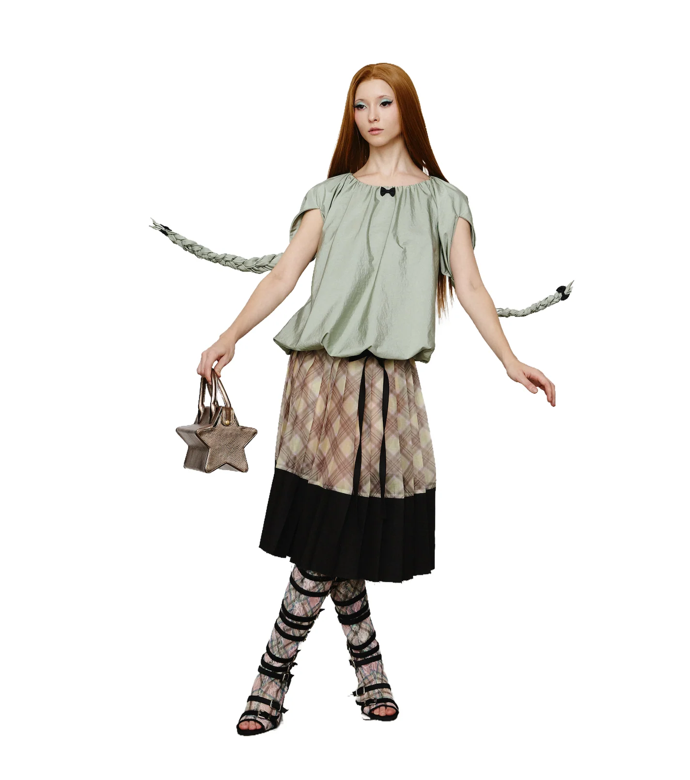 Balloon Braided Blouse with Bow Glossy Jade - Image 2