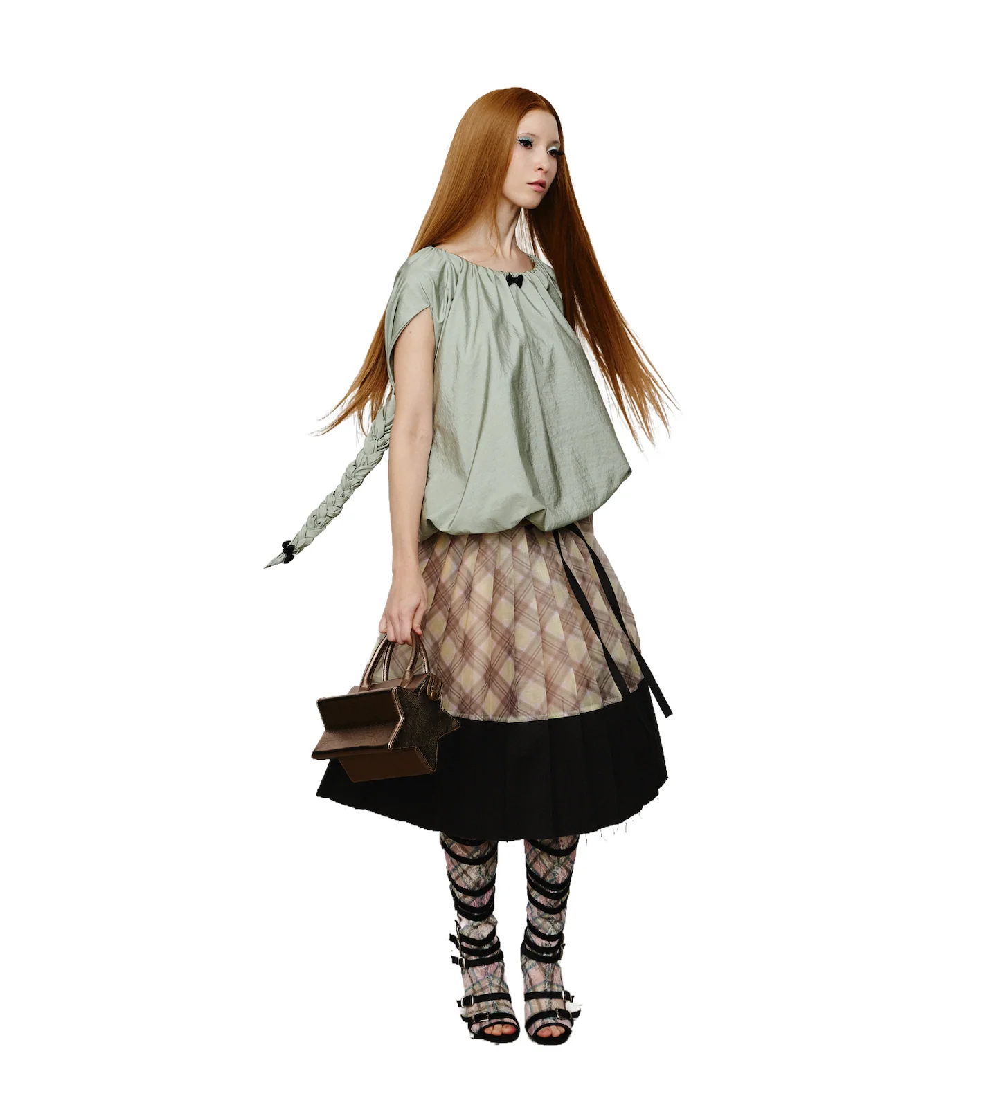 Balloon Braided Blouse with Bow Glossy Jade - Image 3