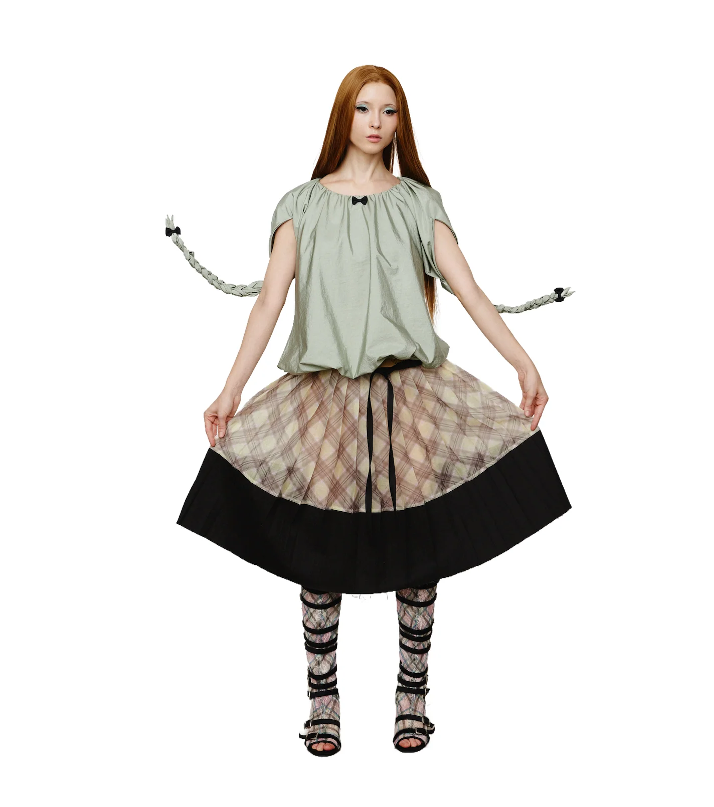 Balloon Braided Blouse with Bow Glossy Jade - Image 4