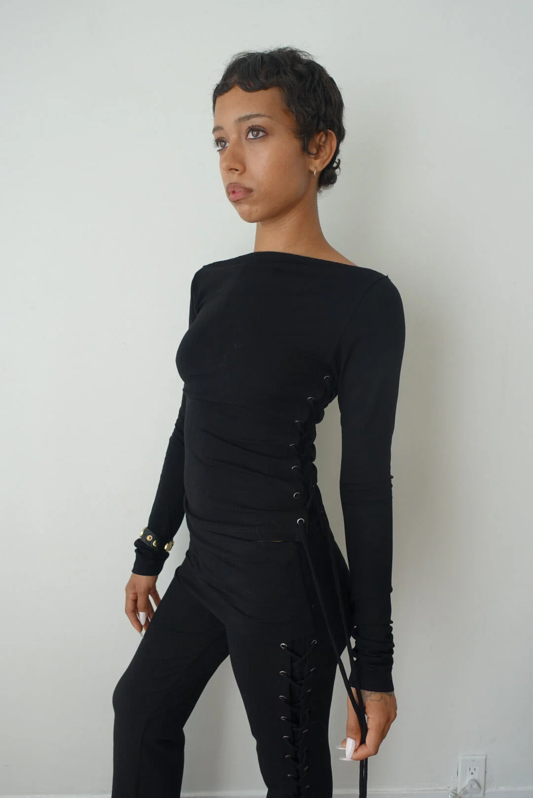 Thalia Lace Up Long Sleeve Top in Midnight - Image 4