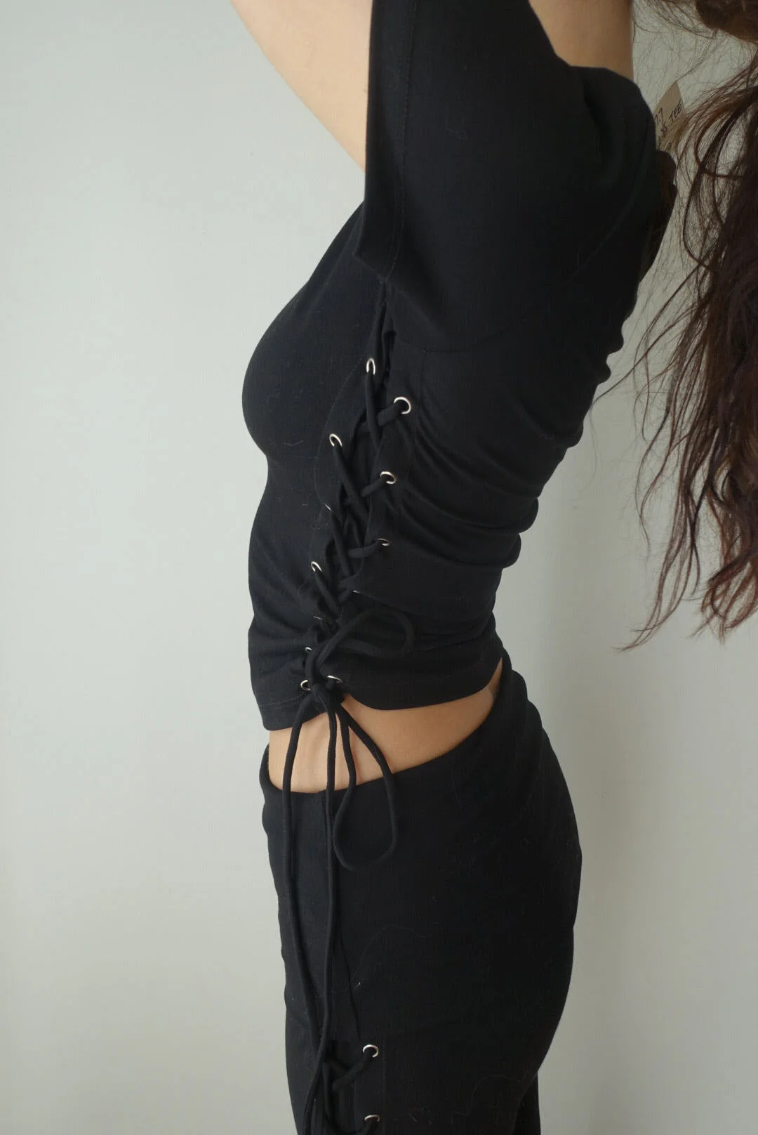 Thalia Lace Up Short Sleeve Top in Midnight - Image 2