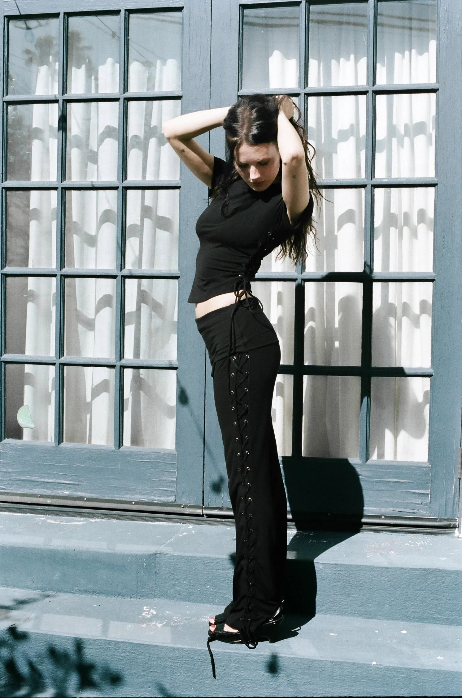 Thalia Lace Up Short Sleeve Top in Midnight - Image 3